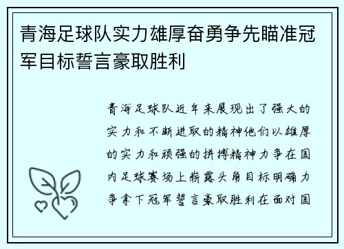青海足球队实力雄厚奋勇争先瞄准冠军目标誓言豪取胜利
