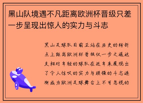 黑山队境遇不凡距离欧洲杯晋级只差一步呈现出惊人的实力与斗志