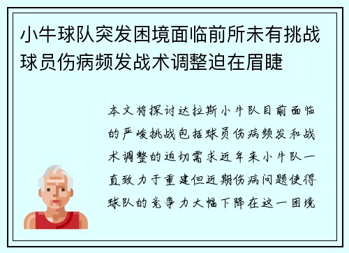 小牛球队突发困境面临前所未有挑战球员伤病频发战术调整迫在眉睫