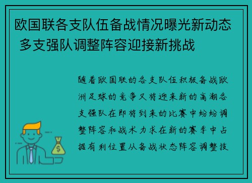 欧国联各支队伍备战情况曝光新动态 多支强队调整阵容迎接新挑战
