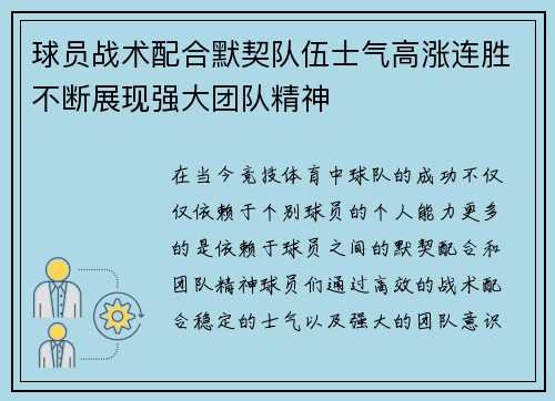 球员战术配合默契队伍士气高涨连胜不断展现强大团队精神