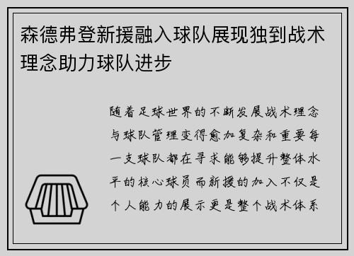 森德弗登新援融入球队展现独到战术理念助力球队进步